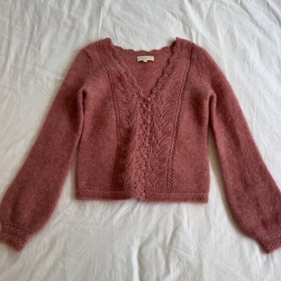 Sezane Sweaters - sezane pink cottage cardigan with lace trim